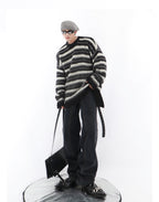 Black and White Striped Crew Neck Sweater