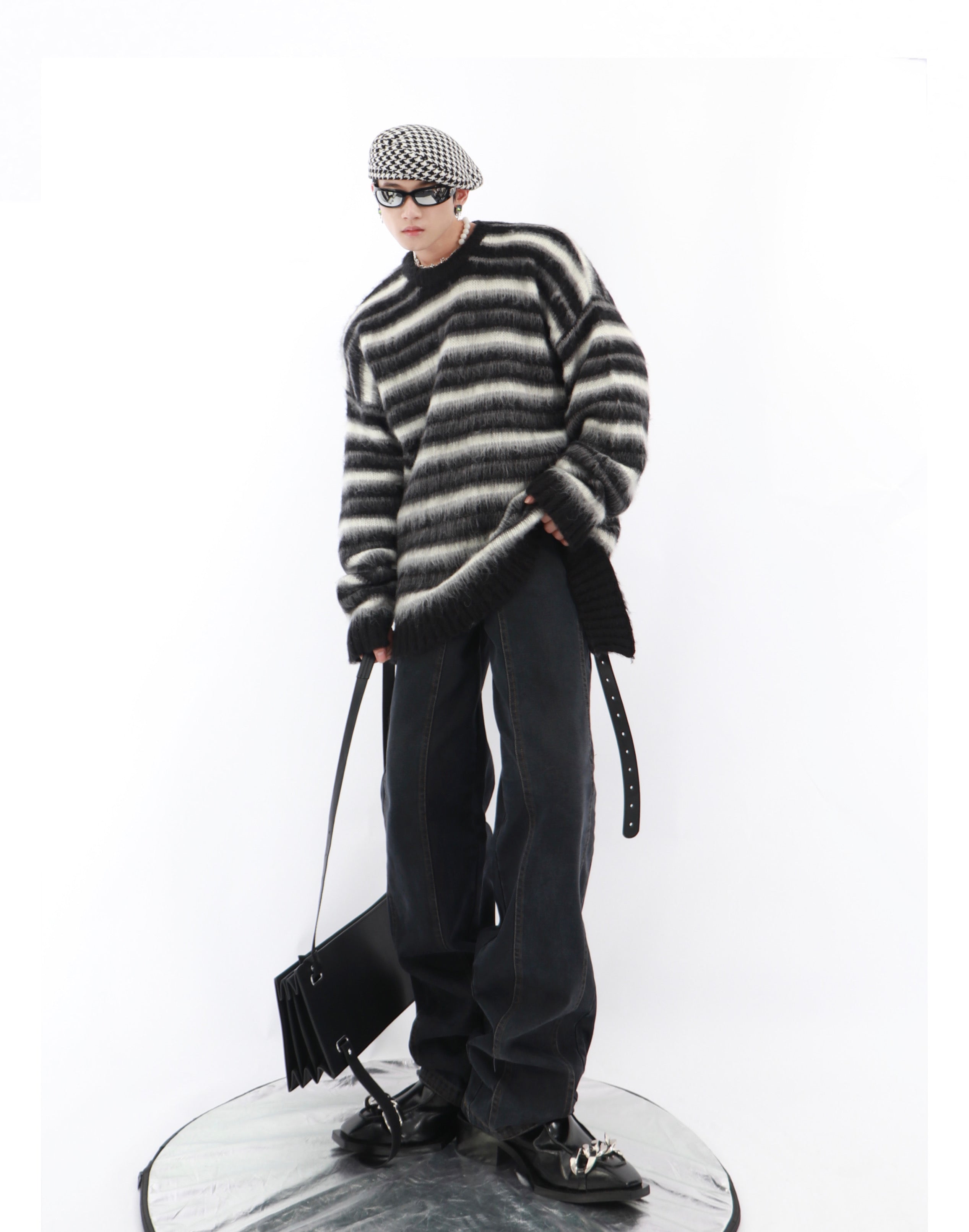 Black and White Striped Crew Neck Sweater