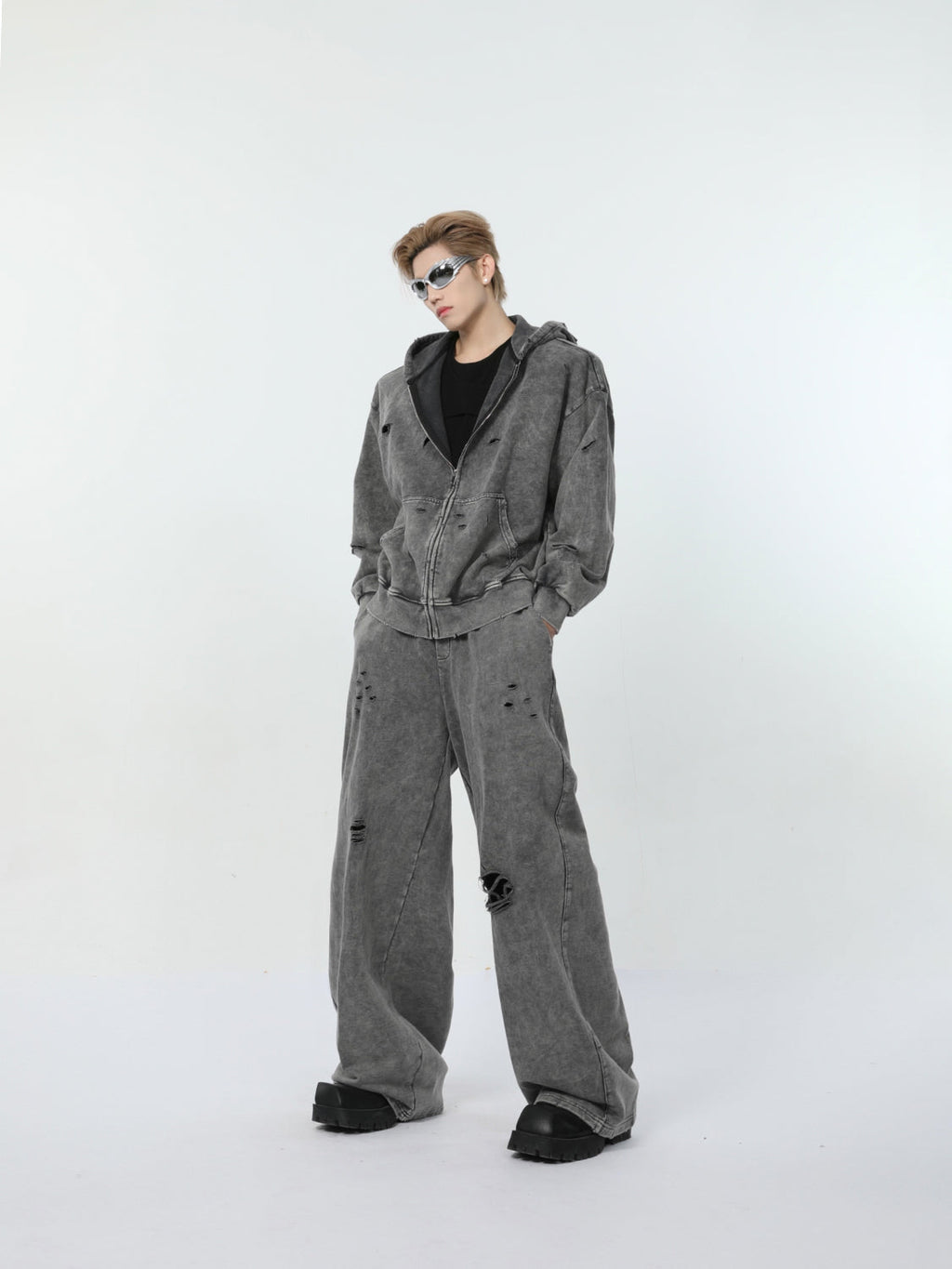 【24s March.】Destroyed Washed Distressed Hooded Cardigan Baggy Pants Suit
