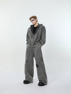 【24s March.】Destroyed Washed Distressed Hooded Cardigan Baggy Pants Suit