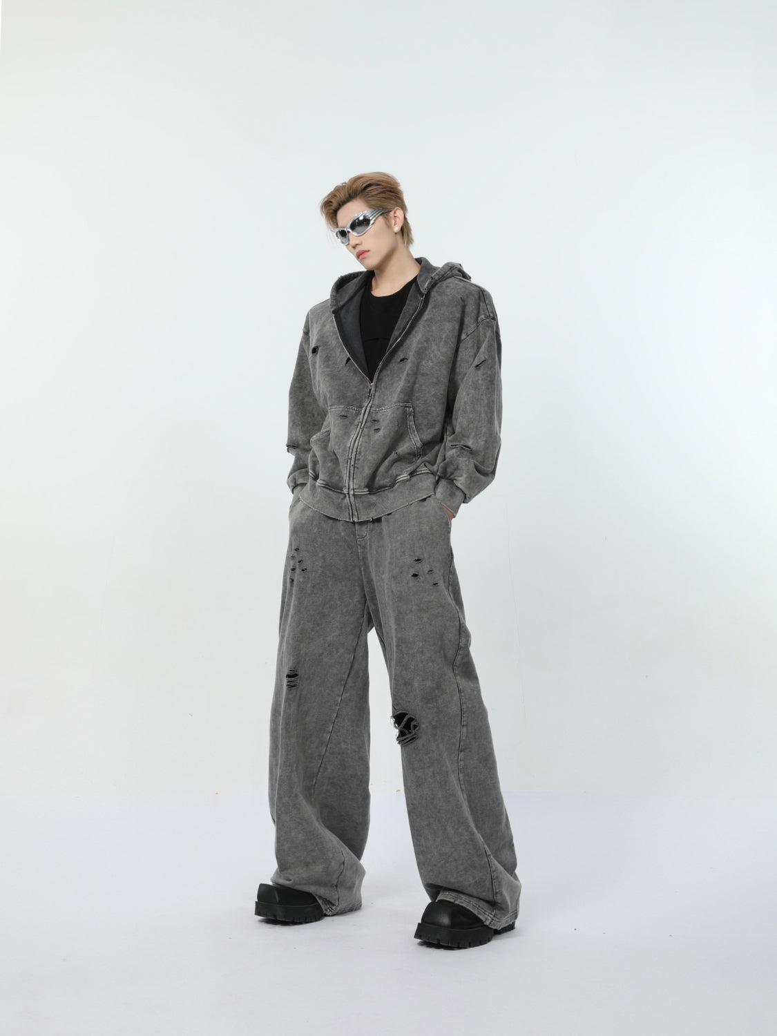 【24s March.】Destroyed Washed Distressed Hooded Cardigan Baggy Pants Suit