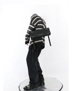 Black and White Striped Crew Neck Sweater