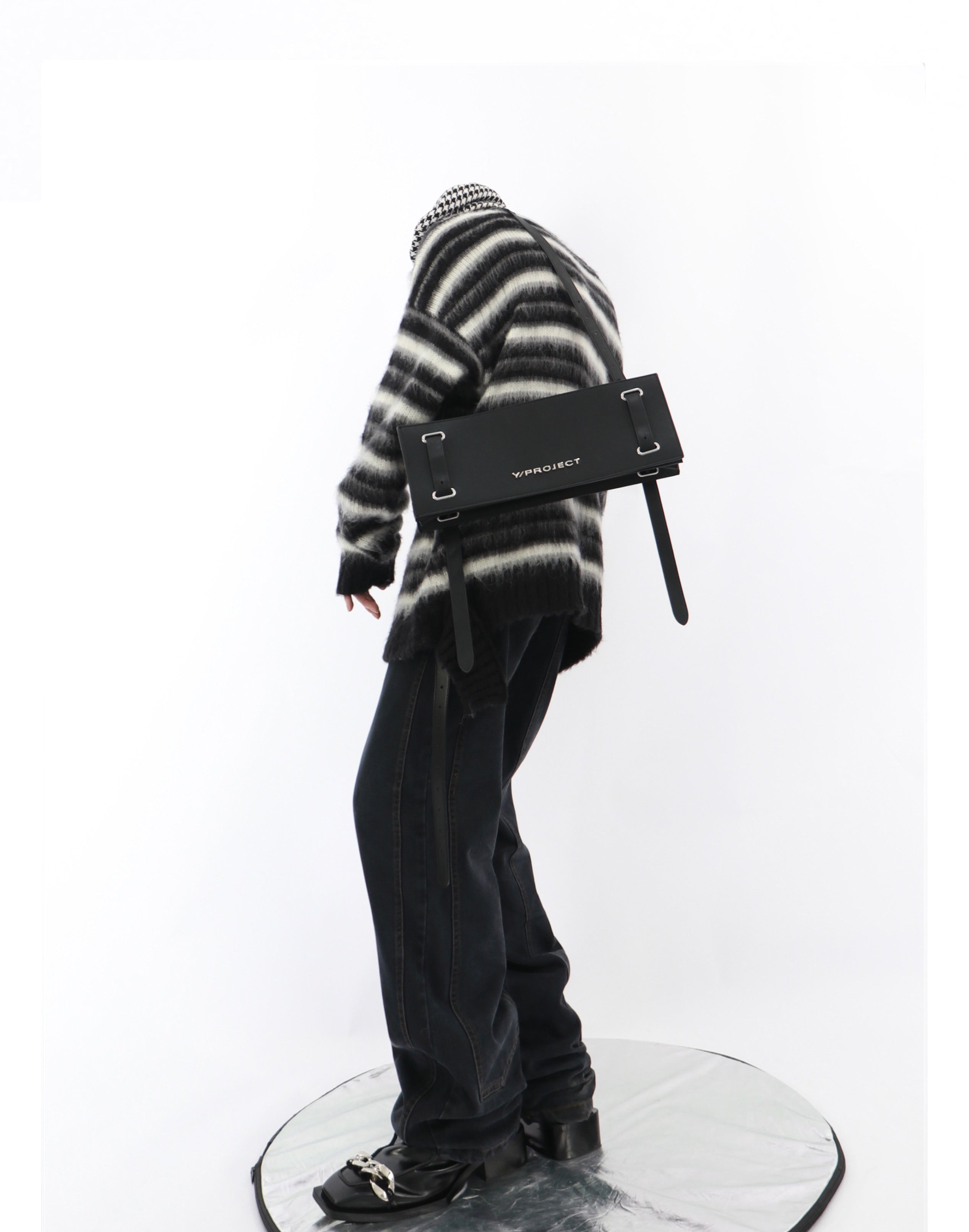 Black and White Striped Crew Neck Sweater