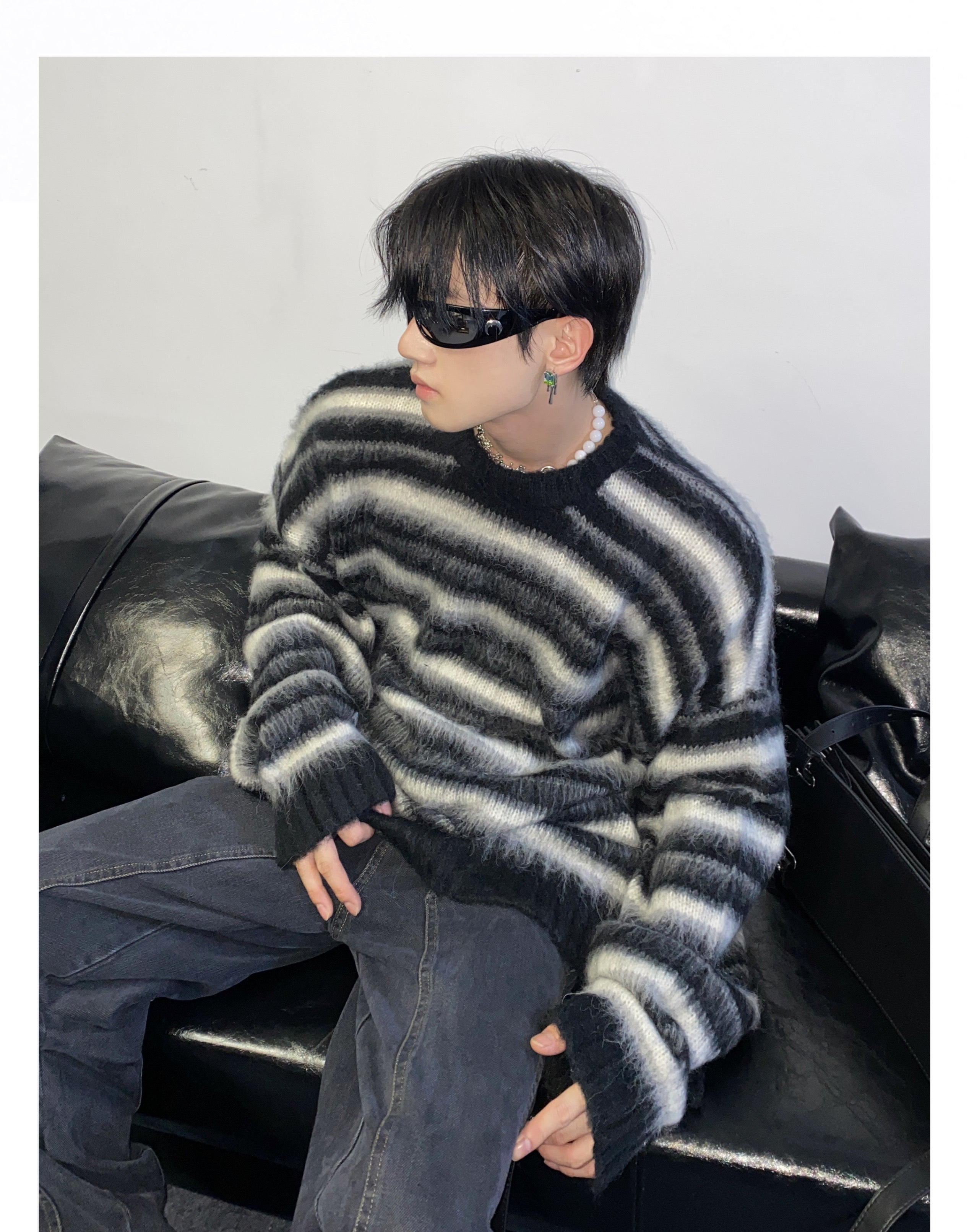 Black and White Striped Crew Neck Sweater