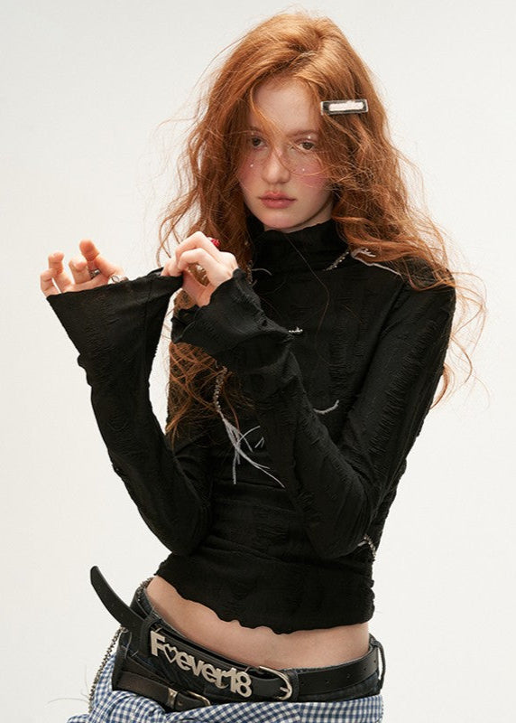 Destruction high collar long-sleeved T-shirt