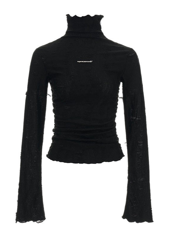 Destruction high collar long-sleeved T-shirt
