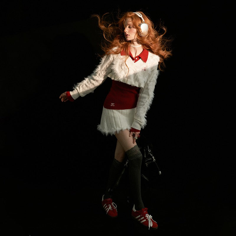 College style short sweater tops with fur pit short skirt pants