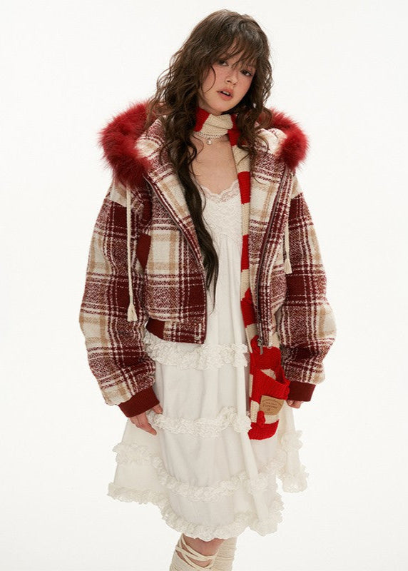 Patchwork fur lapel hooded jacket Hover Image