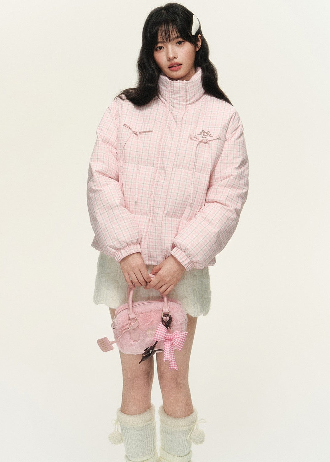 Original plaid print bow loose short bread cotton coat
