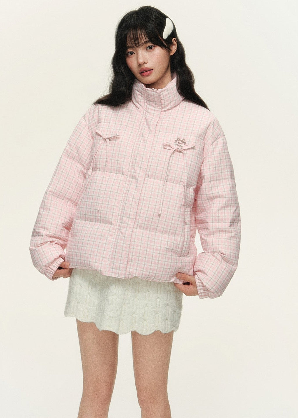 Original plaid print bow loose short bread cotton coat