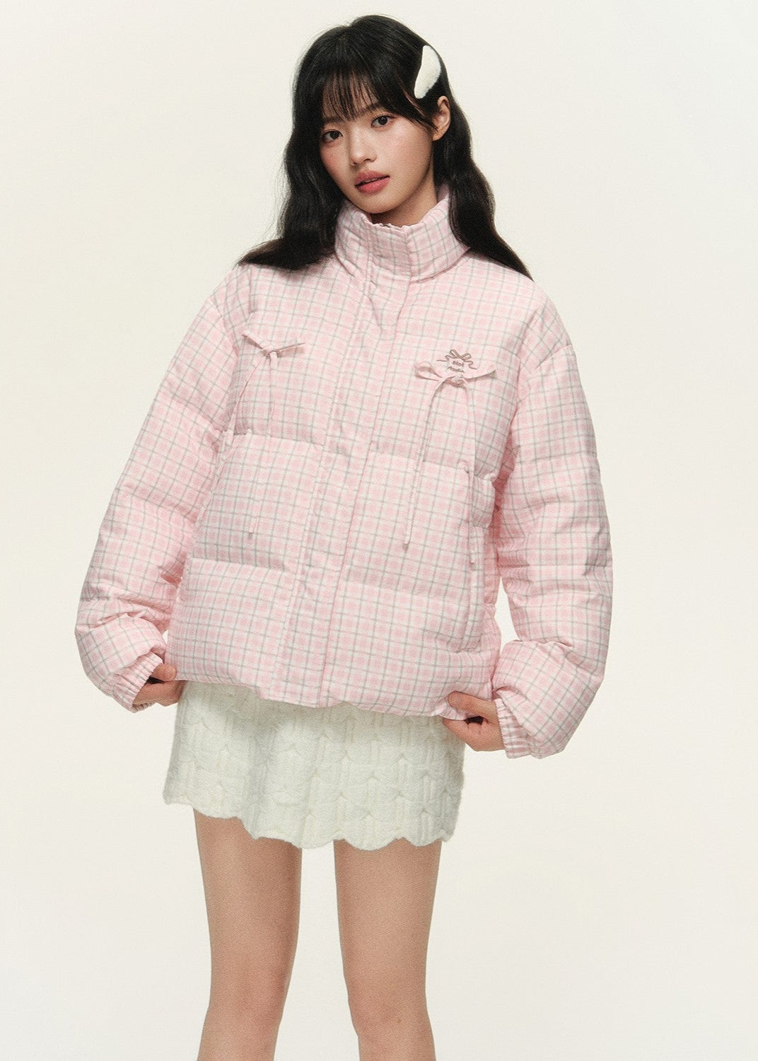 Original plaid print bow loose short bread cotton coat