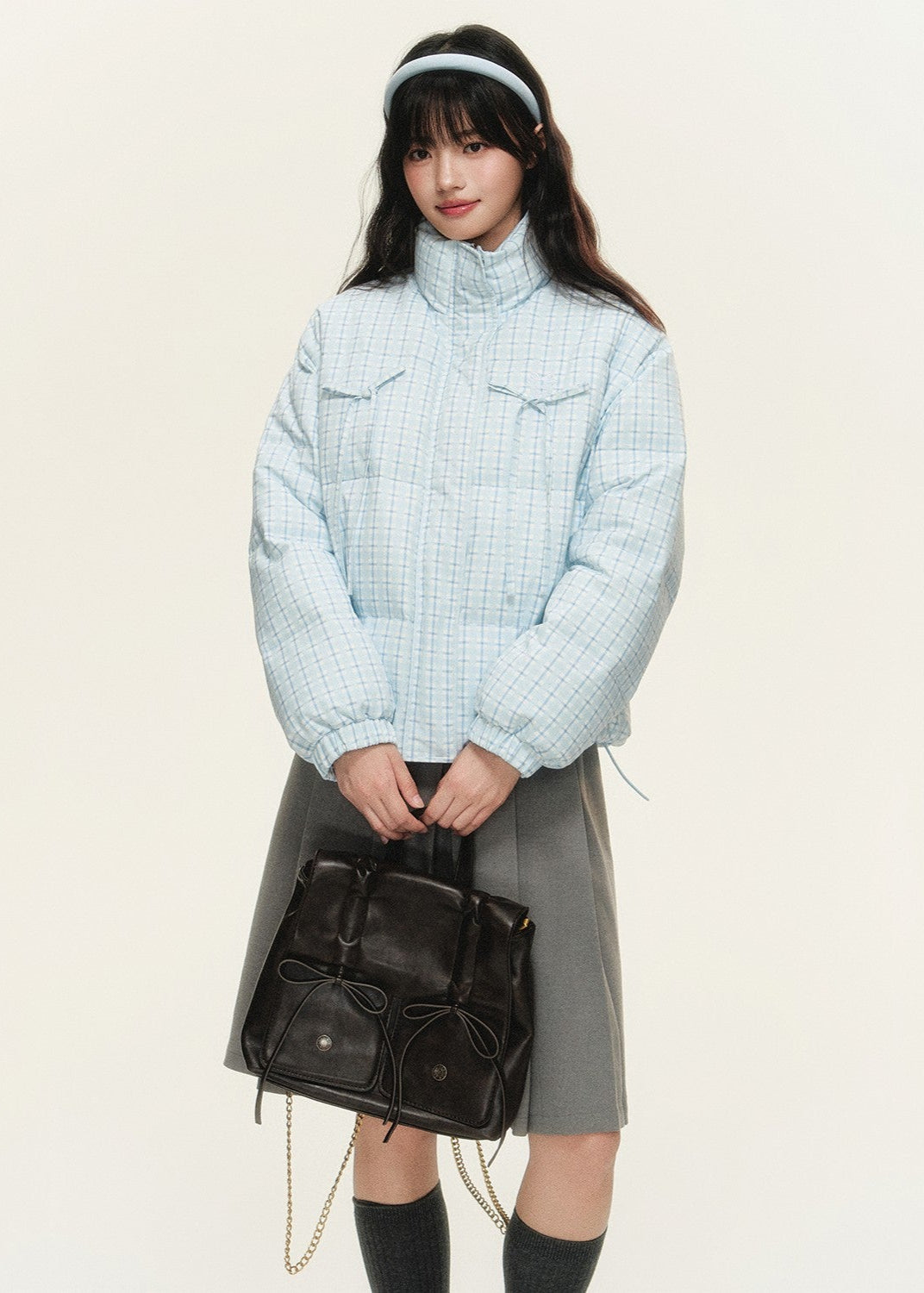 Original plaid print bow loose short bread cotton coat