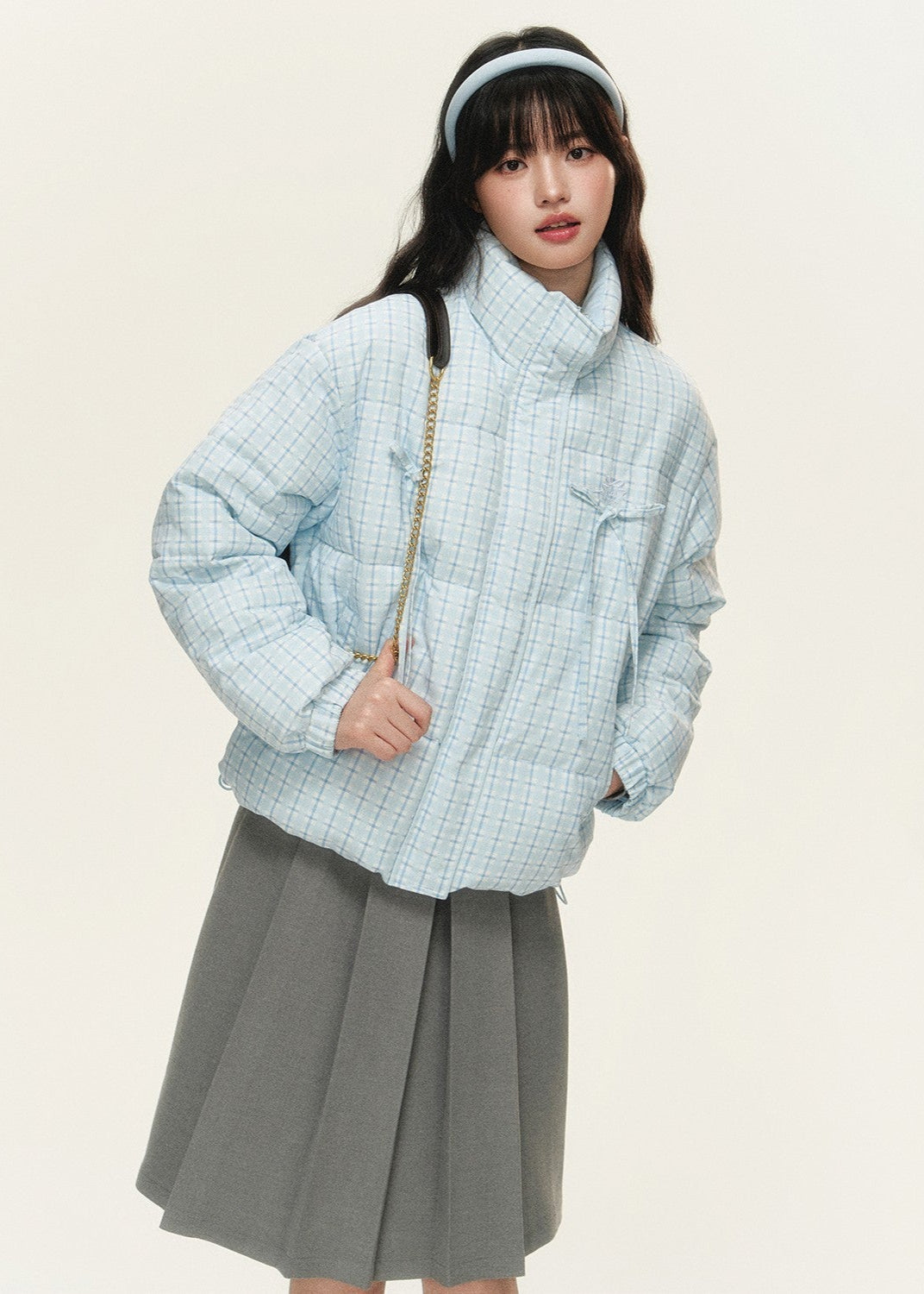 Original plaid print bow loose short bread cotton coat