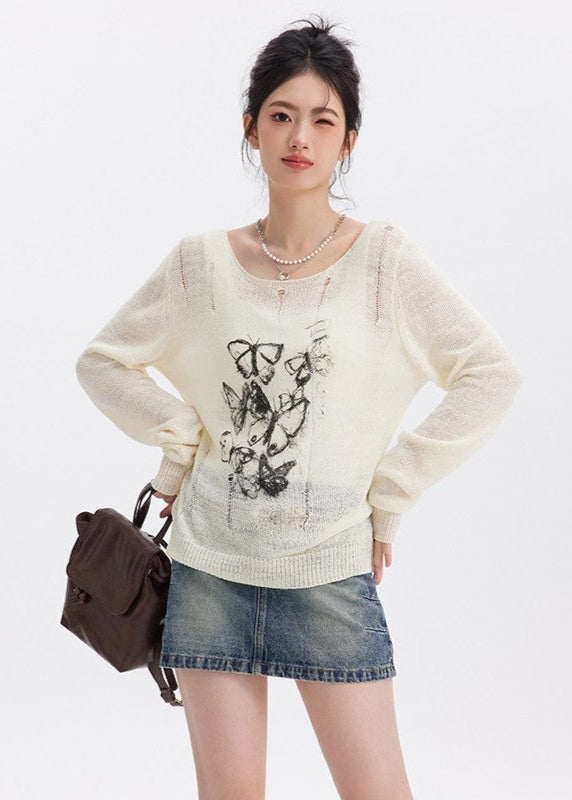Round Neck Graffiti Butterfly Print T-shirt knit Hover Image