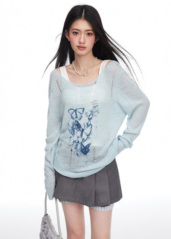 Round Neck Graffiti Butterfly Print T-shirt knit