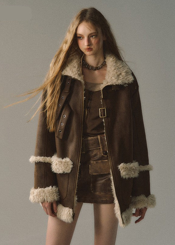 Revisable coat thickened imitation fur plush coat warm suede coat