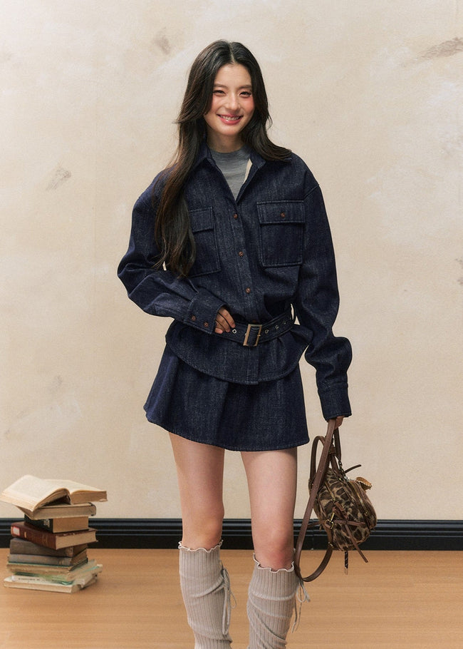 Waist-Slimming Denim Skirt Set – Fleece Lined Hover Image