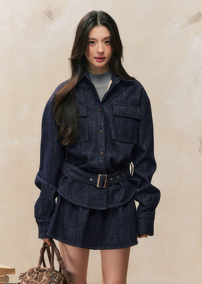 Waist-Slimming Denim Skirt Set – Fleece Lined Main Image