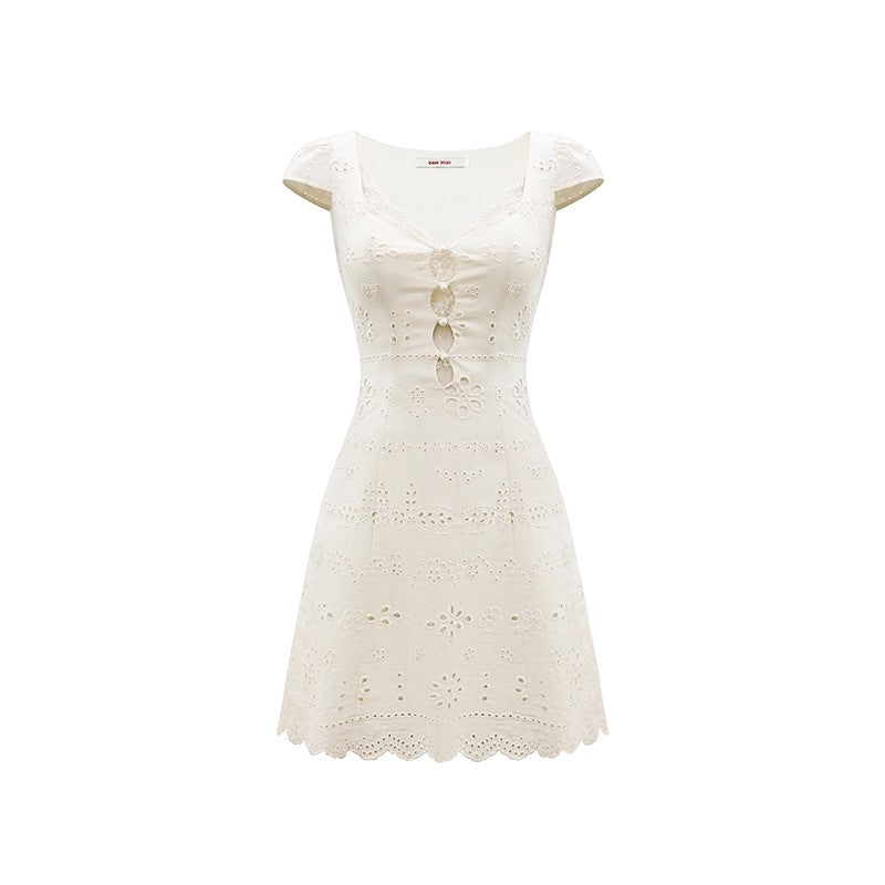 Cream white simple slim lace stitching dress
