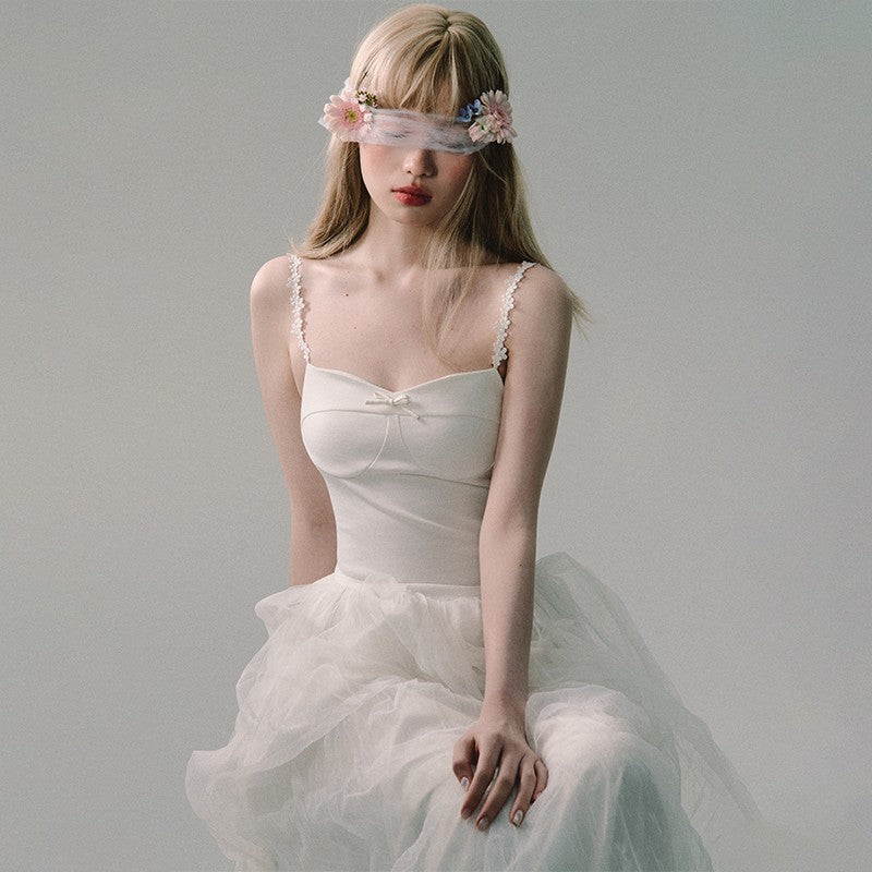 White Mesh Embroidered Slip Dress