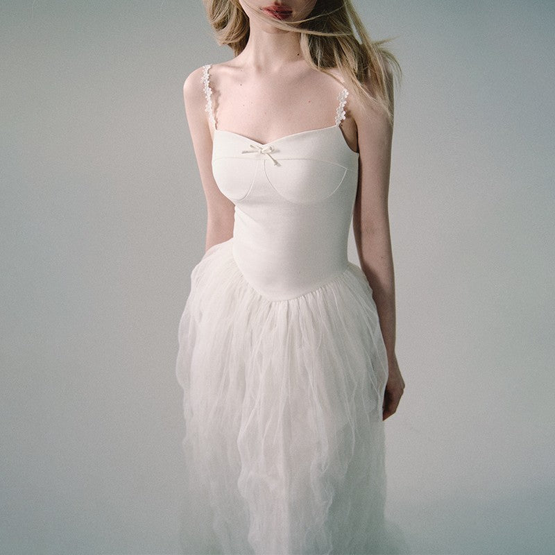 White Mesh Embroidered Slip Dress
