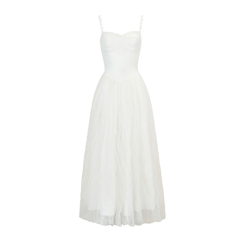 White Mesh Embroidered Slip Dress