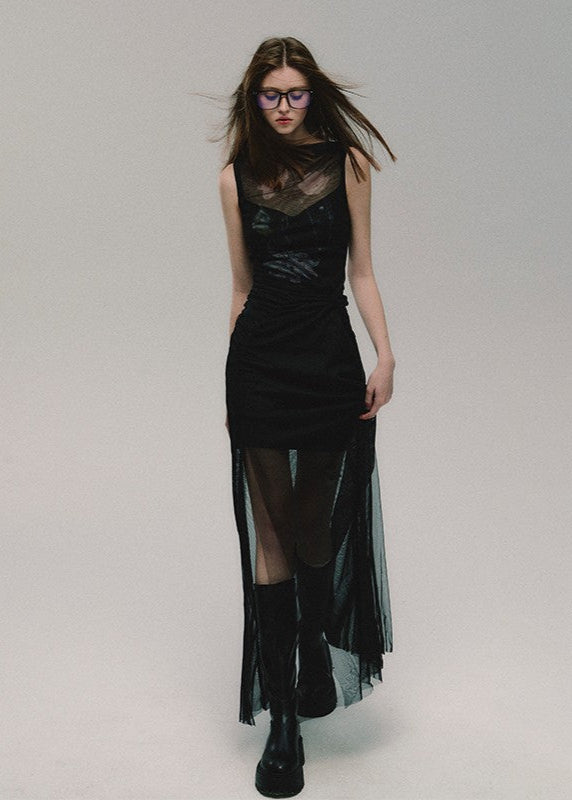 Black Mesh Slim Slit Midi Dress Main Image