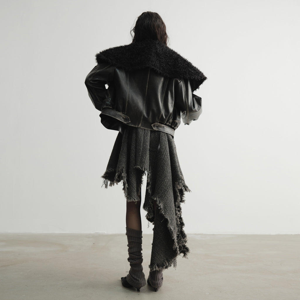 Genderless Wrap PU Leather Jacket with Fur Collar