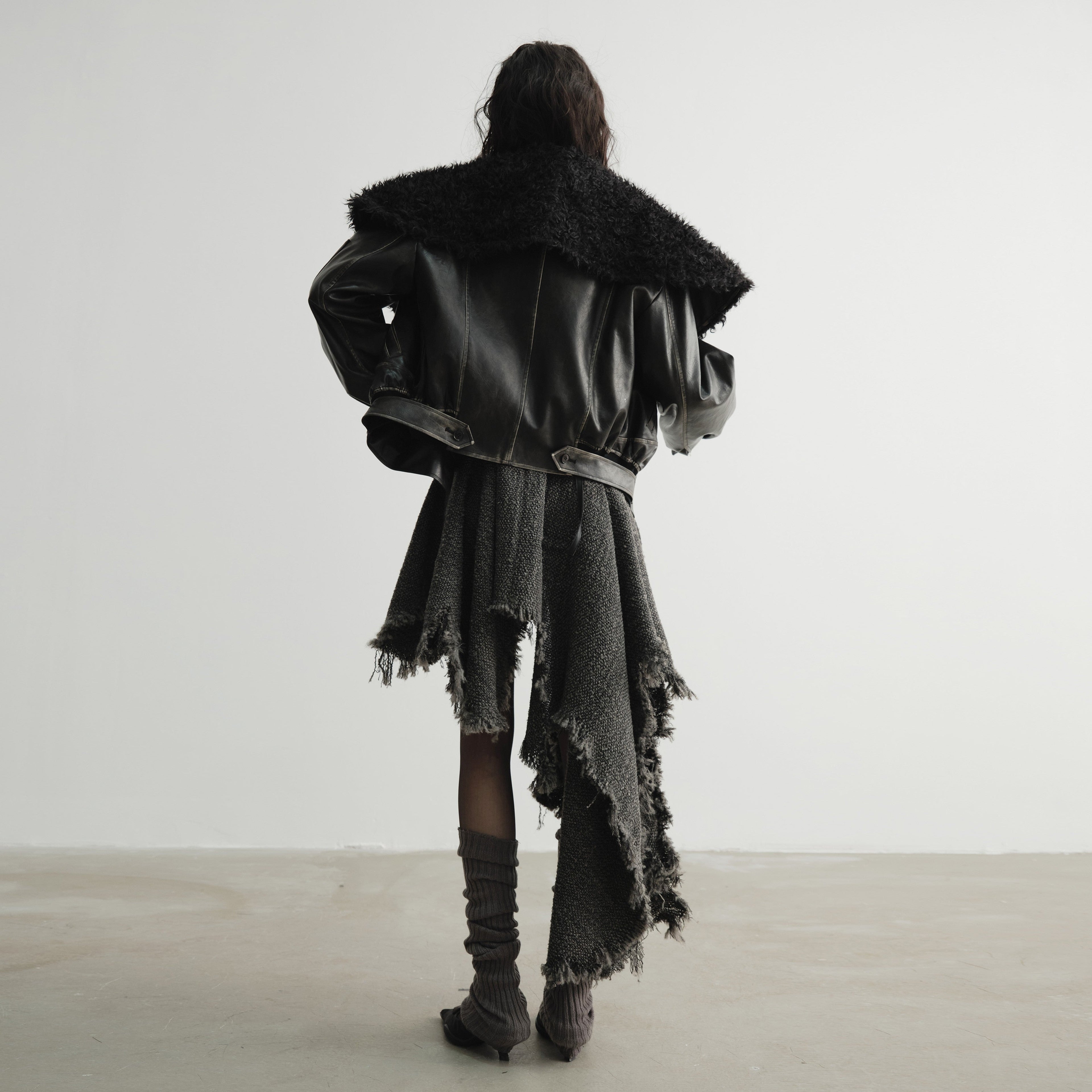 Genderless Wrap PU Leather Jacket with Fur Collar