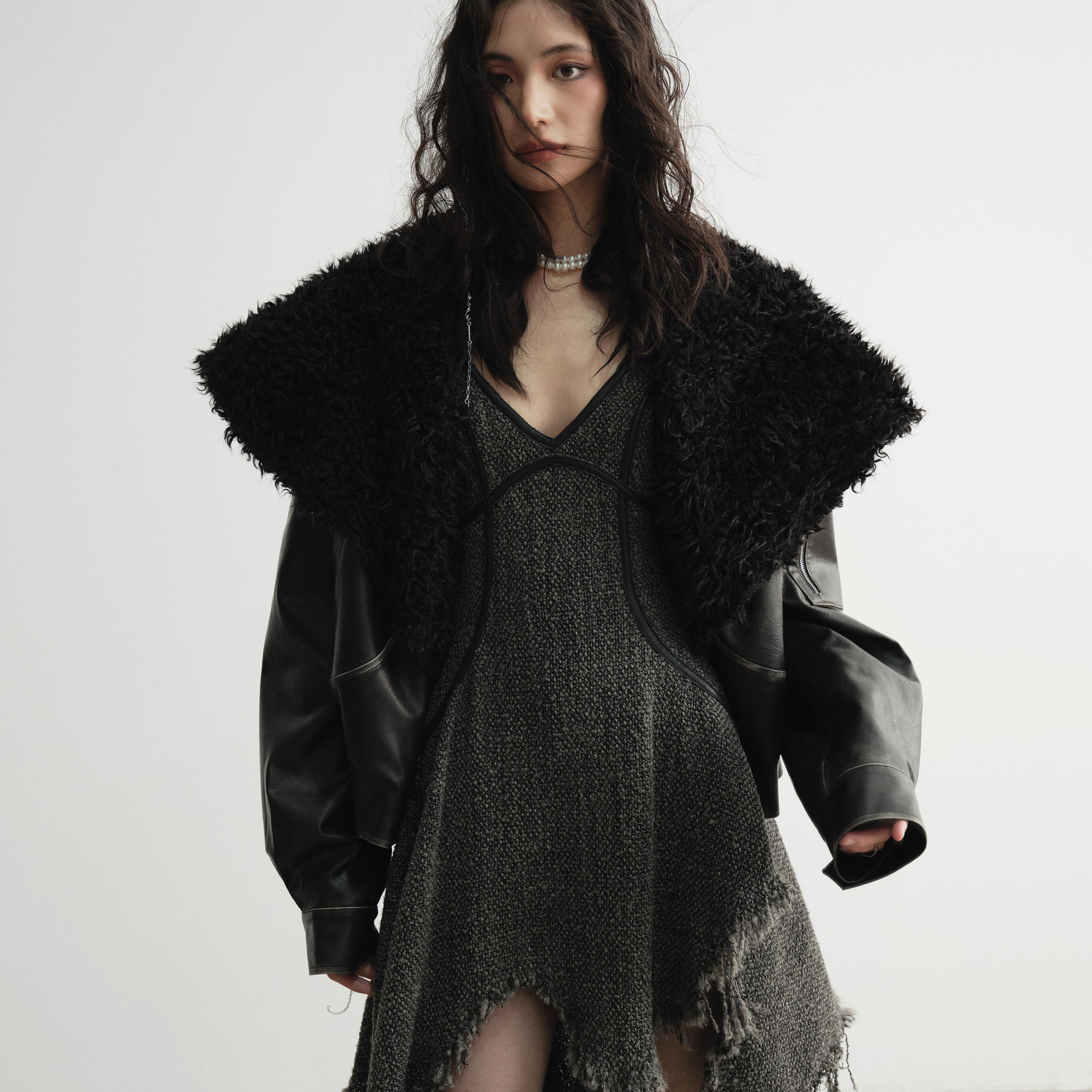 Genderless Wrap PU Leather Jacket with Fur Collar