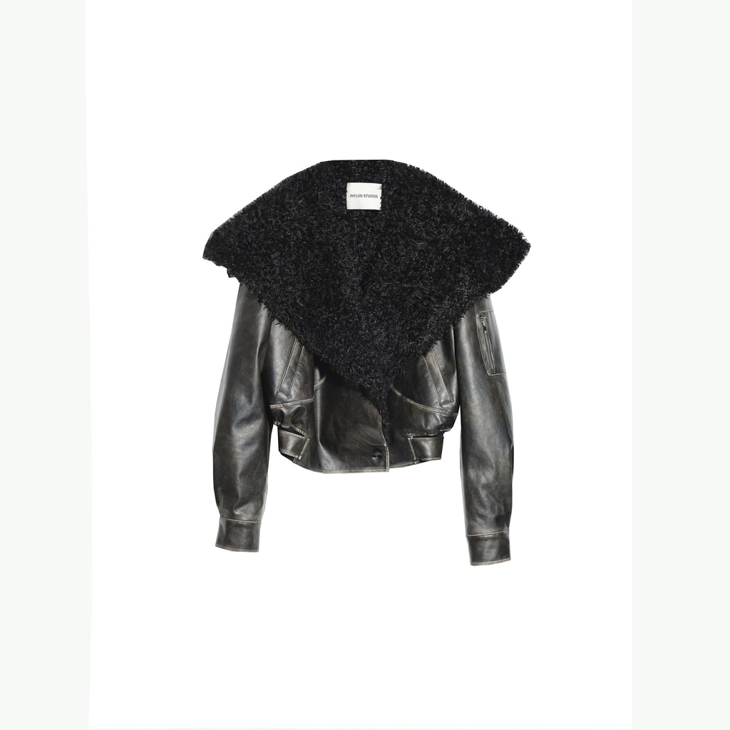 Genderless Wrap PU Leather Jacket with Fur Collar