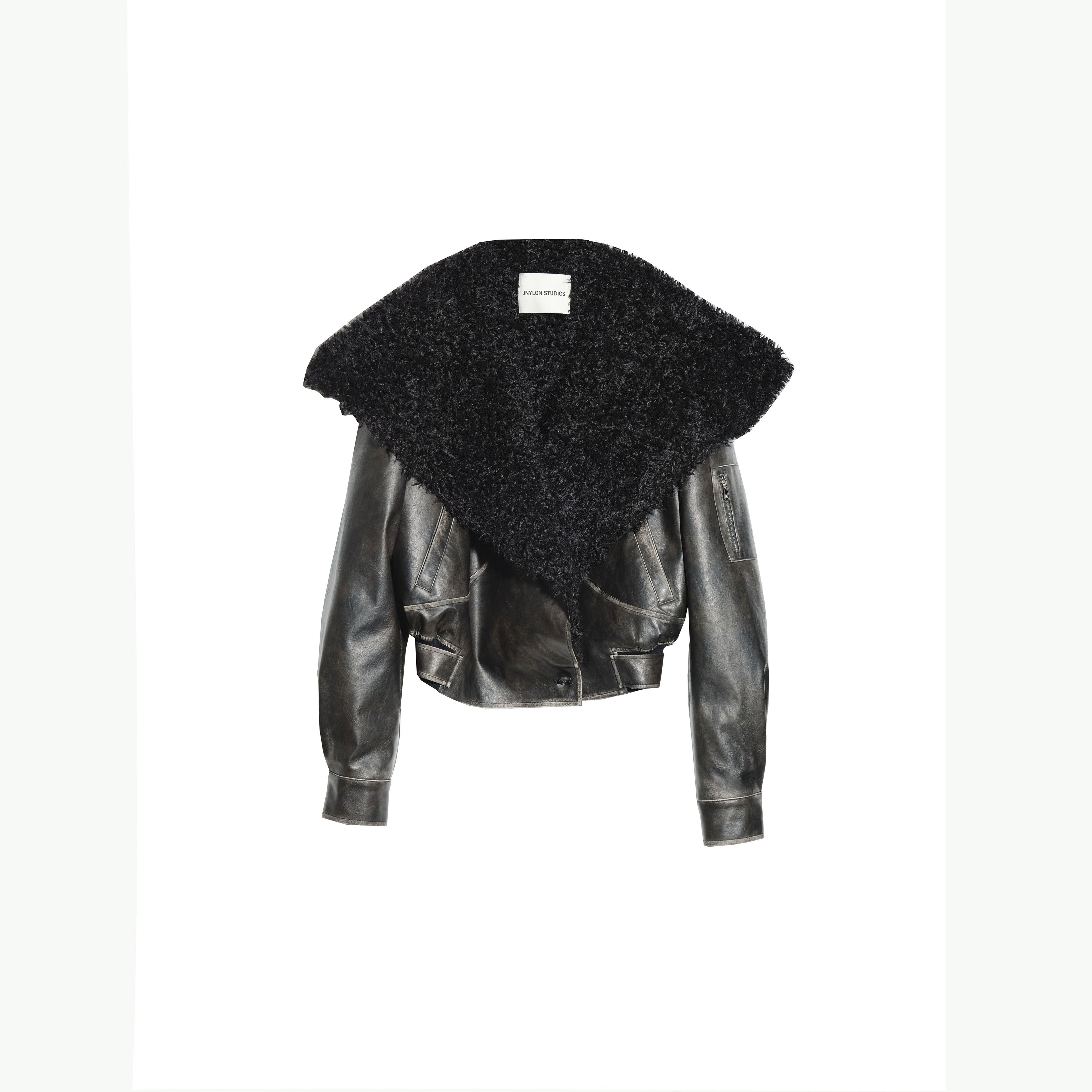 Genderless Wrap PU Leather Jacket with Fur Collar