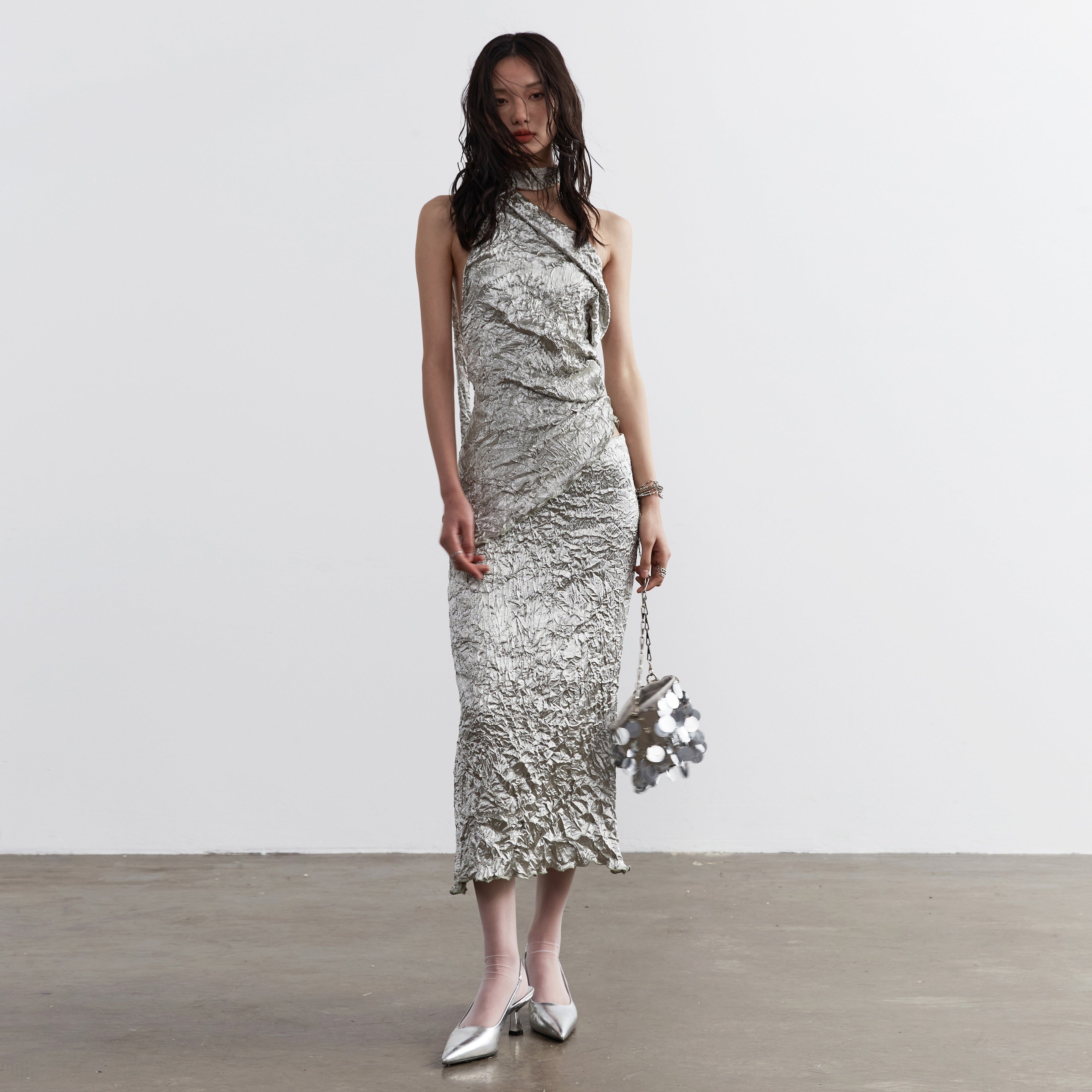 Metallic Satin Textured Two-Piece Dress