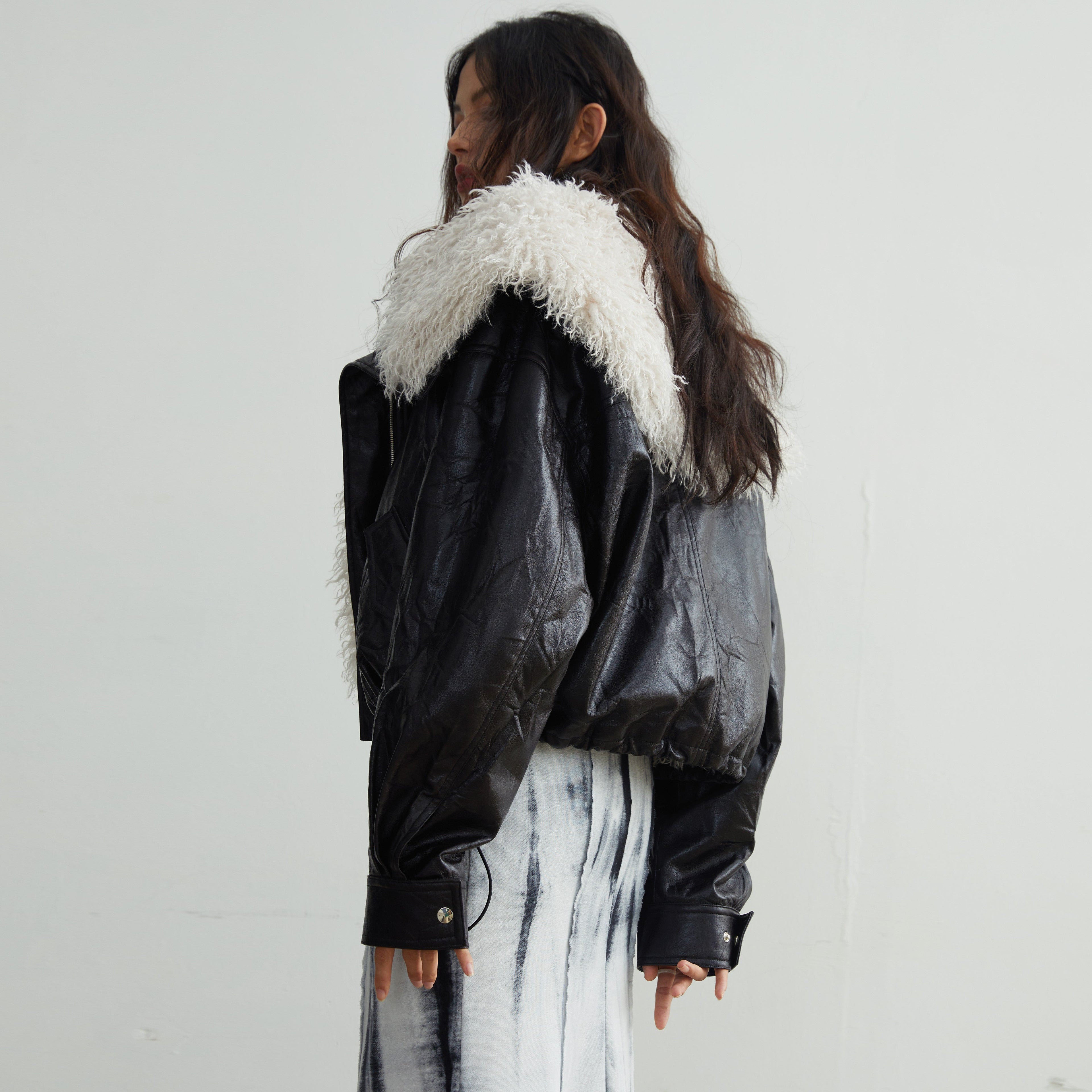 Siberian-Style Faux Leather Fur Collar Jacket