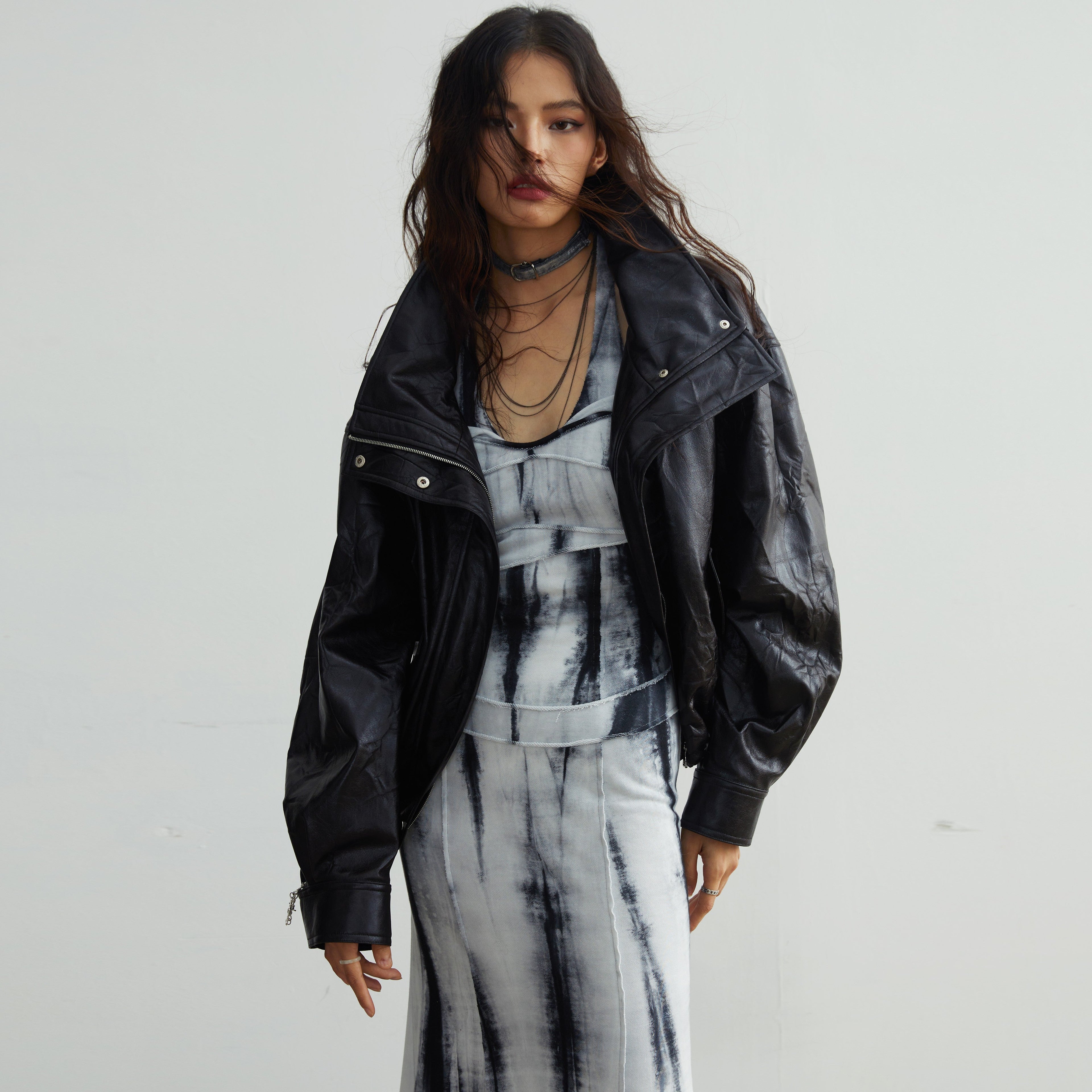 Siberian-Style Faux Leather Fur Collar Jacket