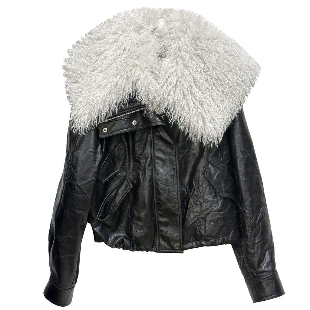 Siberian-Style Faux Leather Fur Collar Jacket