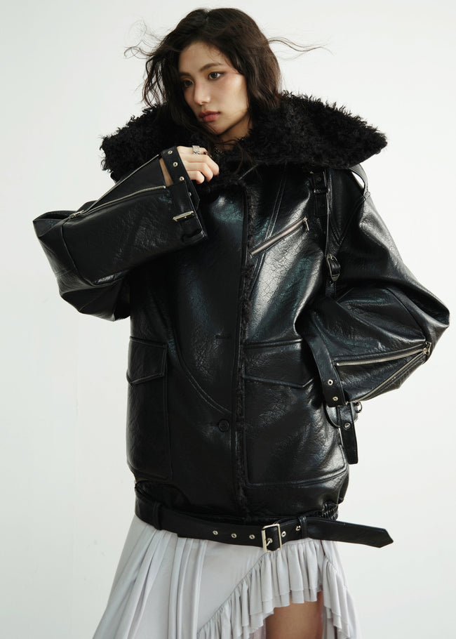 Dark Genderless PU Leather Lapel Jacket Hover Image