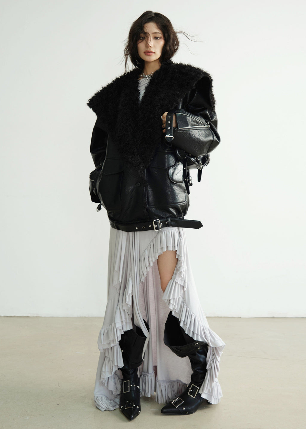Dark Genderless PU Leather Lapel Jacket