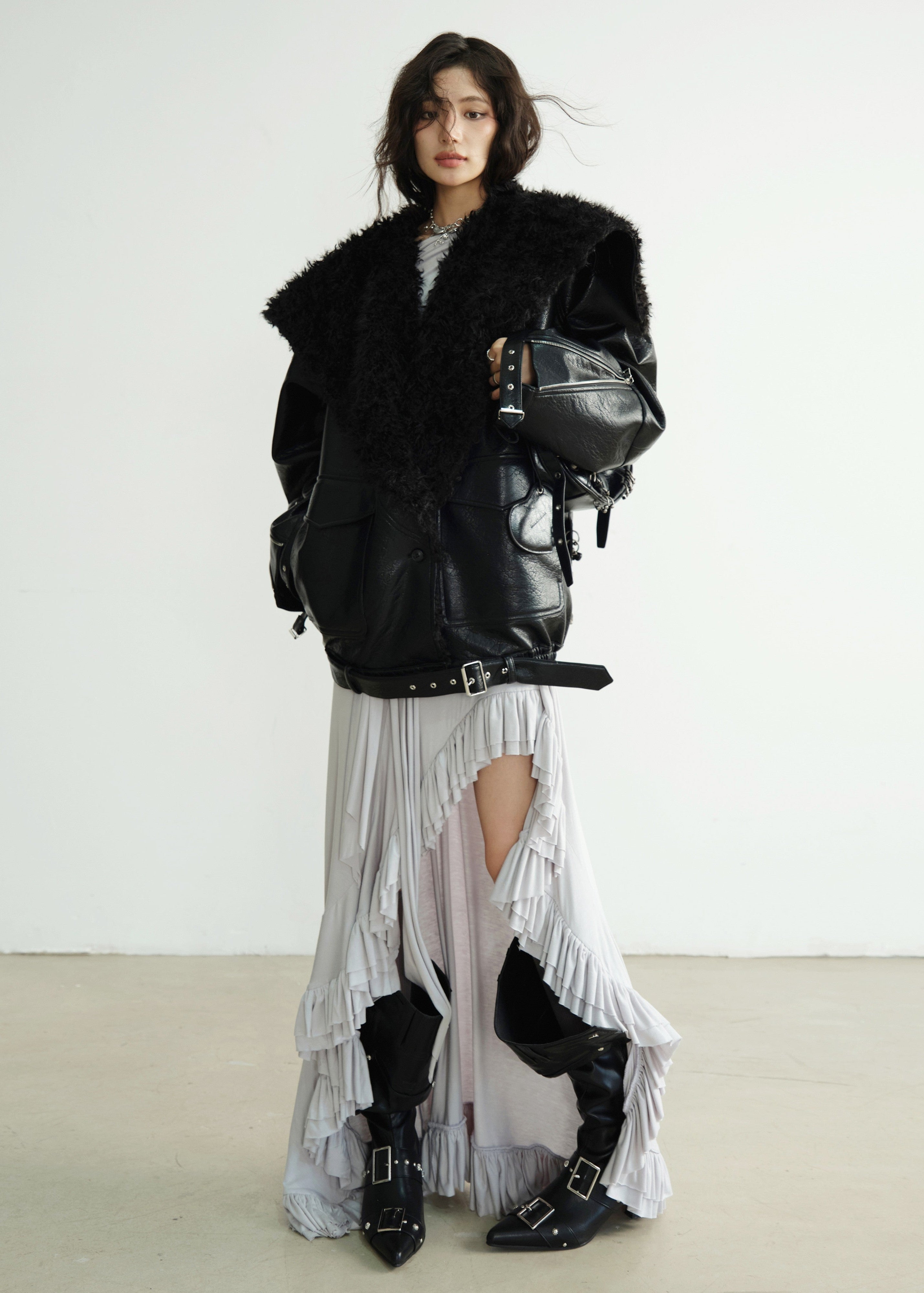 Dark Genderless PU Leather Lapel Jacket