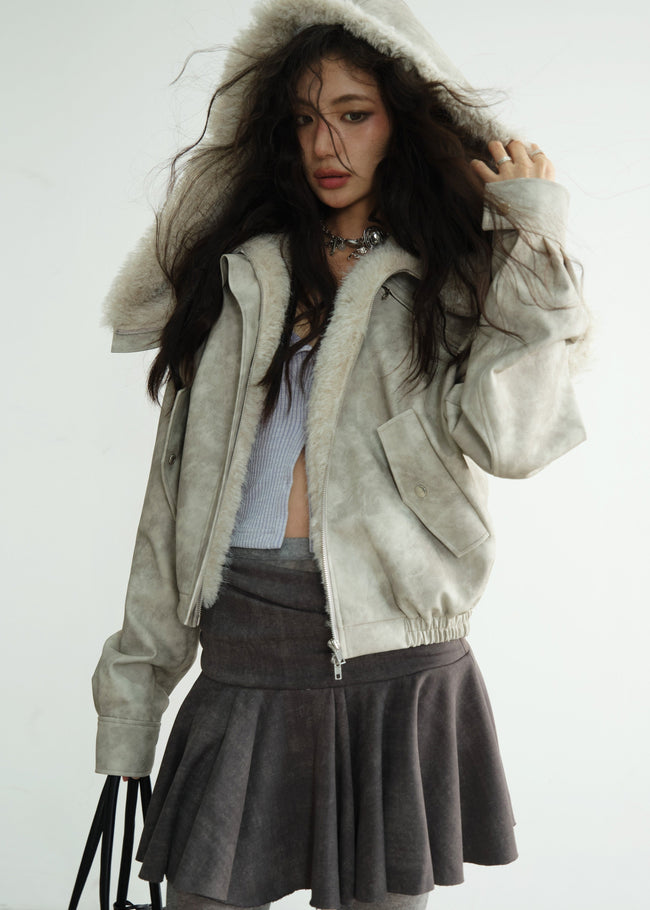 Retro Ballet PU Jacket with Fur Hood Hover Image