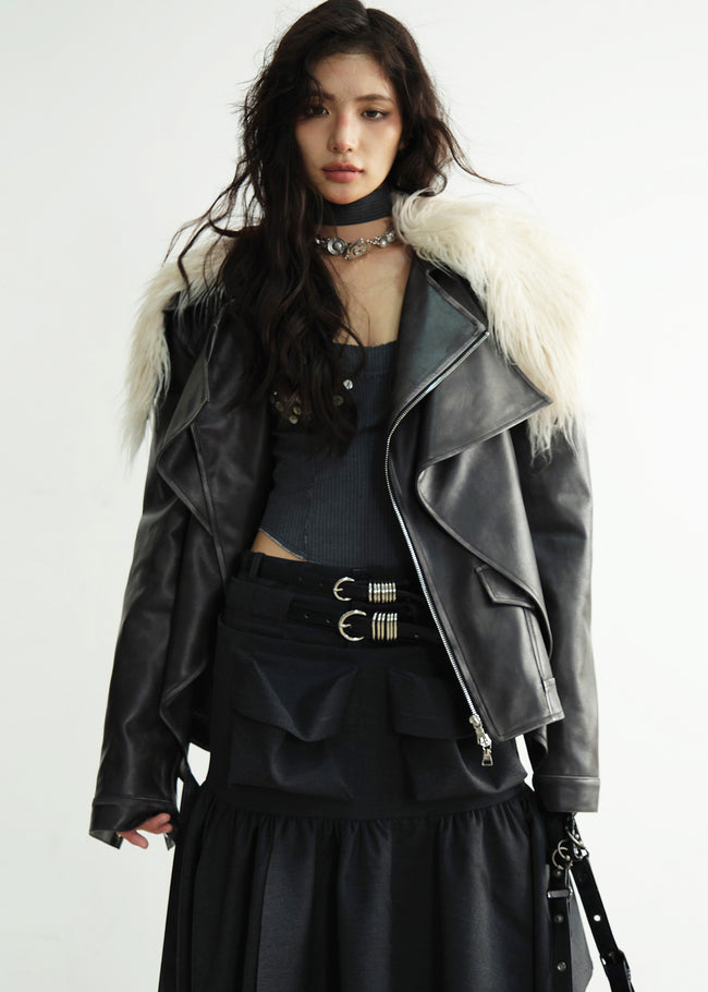 Long Fur Collar Rock-Inspired PU Jacket Hover Image