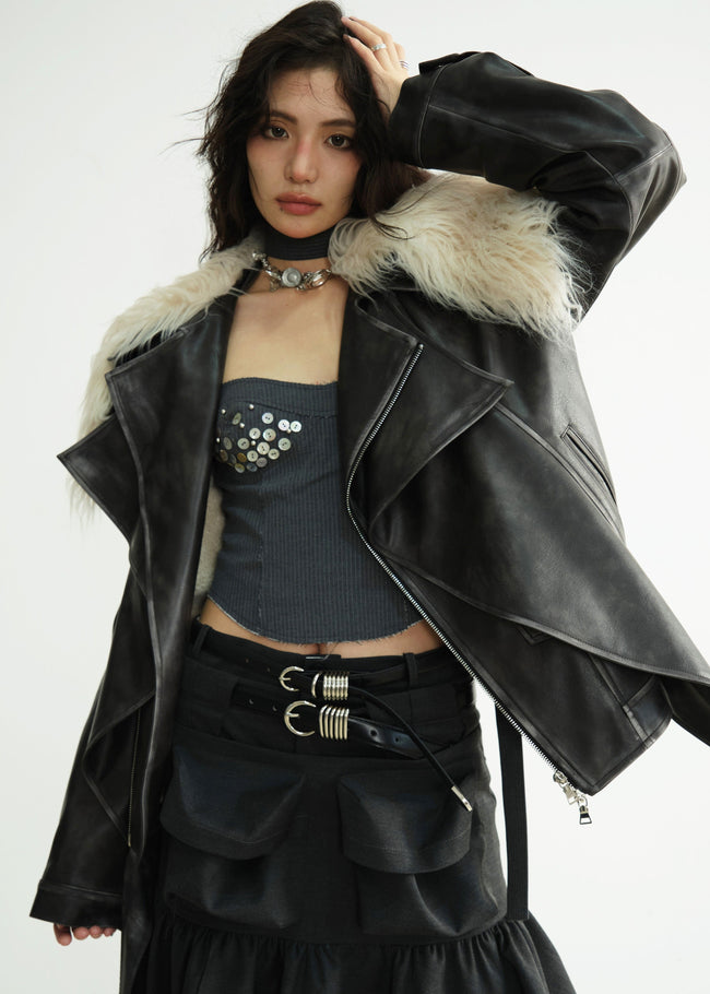 Long Fur Collar Rock-Inspired PU Jacket Main Image