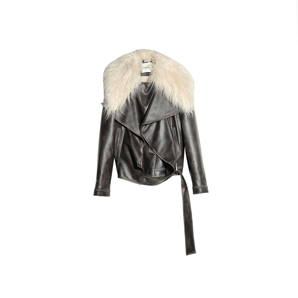 Long Fur Collar Rock-Inspired PU Jacket