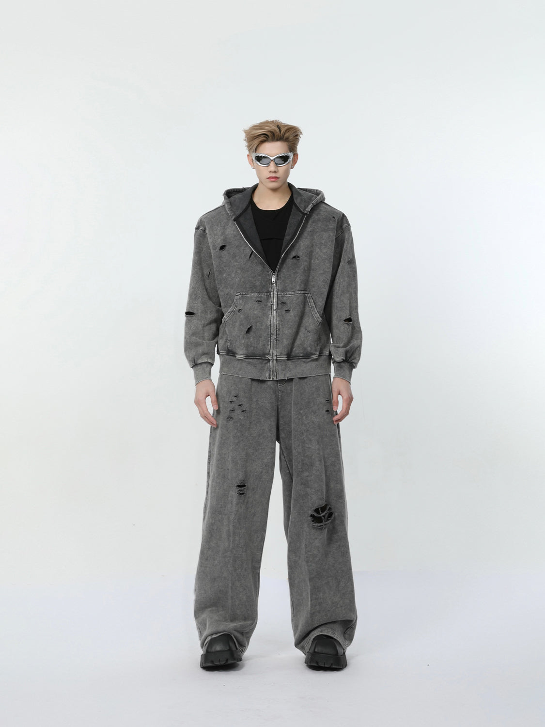 【24s March.】Destroyed Washed Distressed Hooded Cardigan Baggy Pants Suit