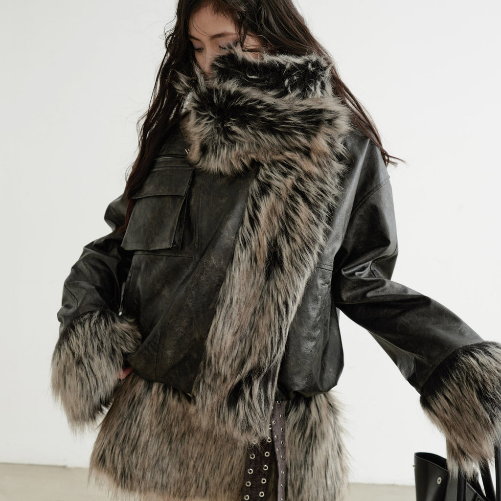 Dark Rock Plaid PU Two-Way Jacket