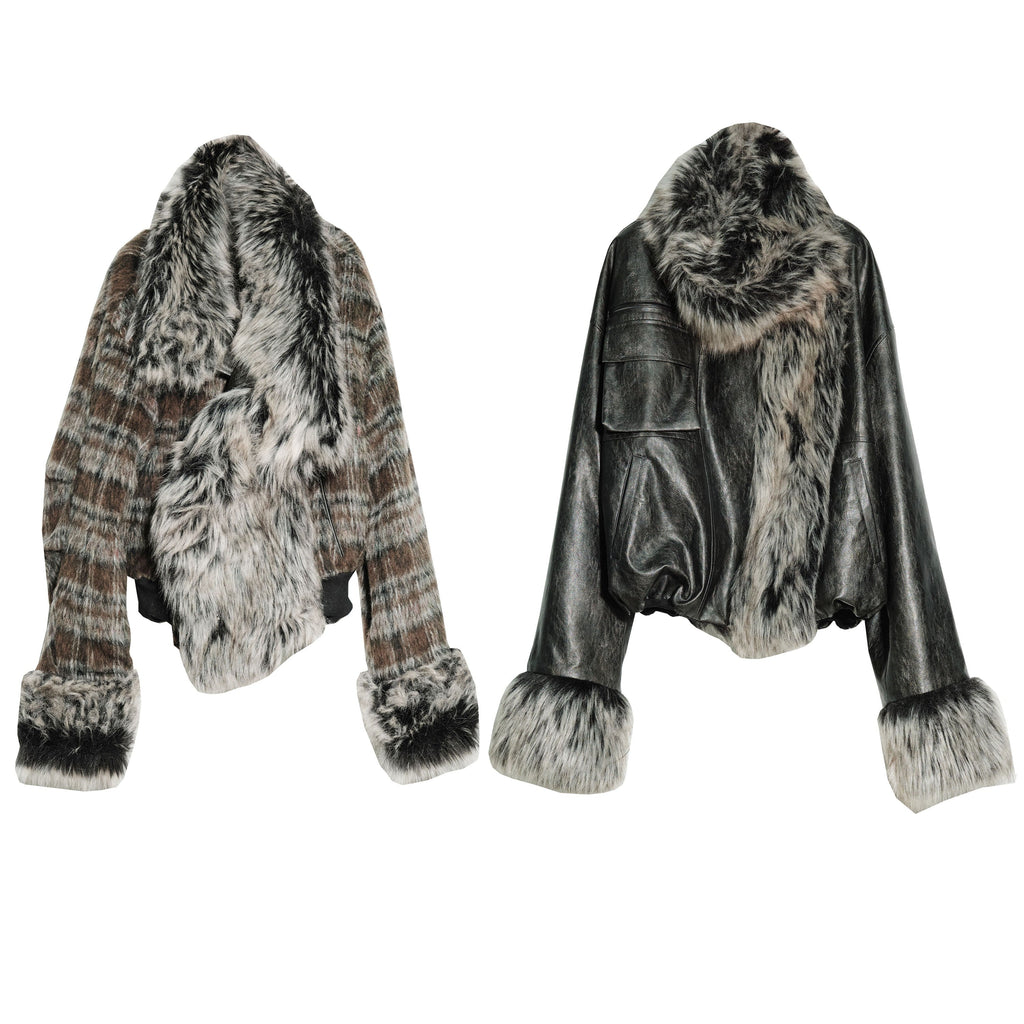 Dark Rock Plaid PU Two-Way Jacket