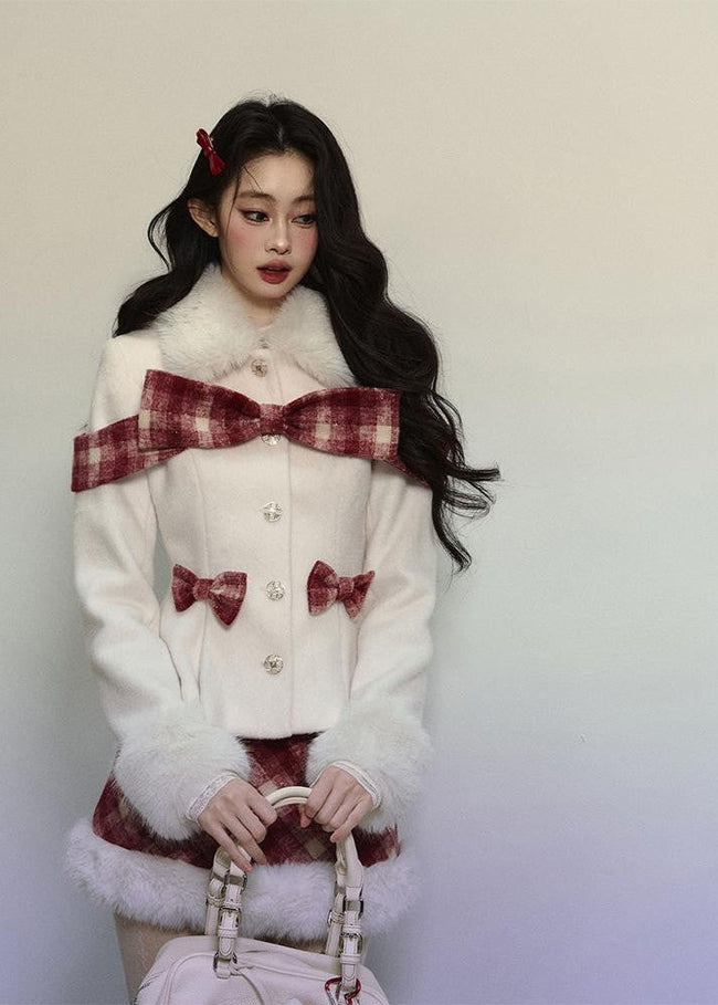 Plaid Wool Coat & Plush Skirt Set Hover Image