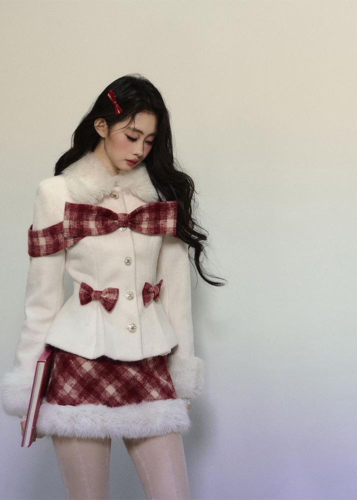 Plaid Wool Coat & Plush Skirt Set