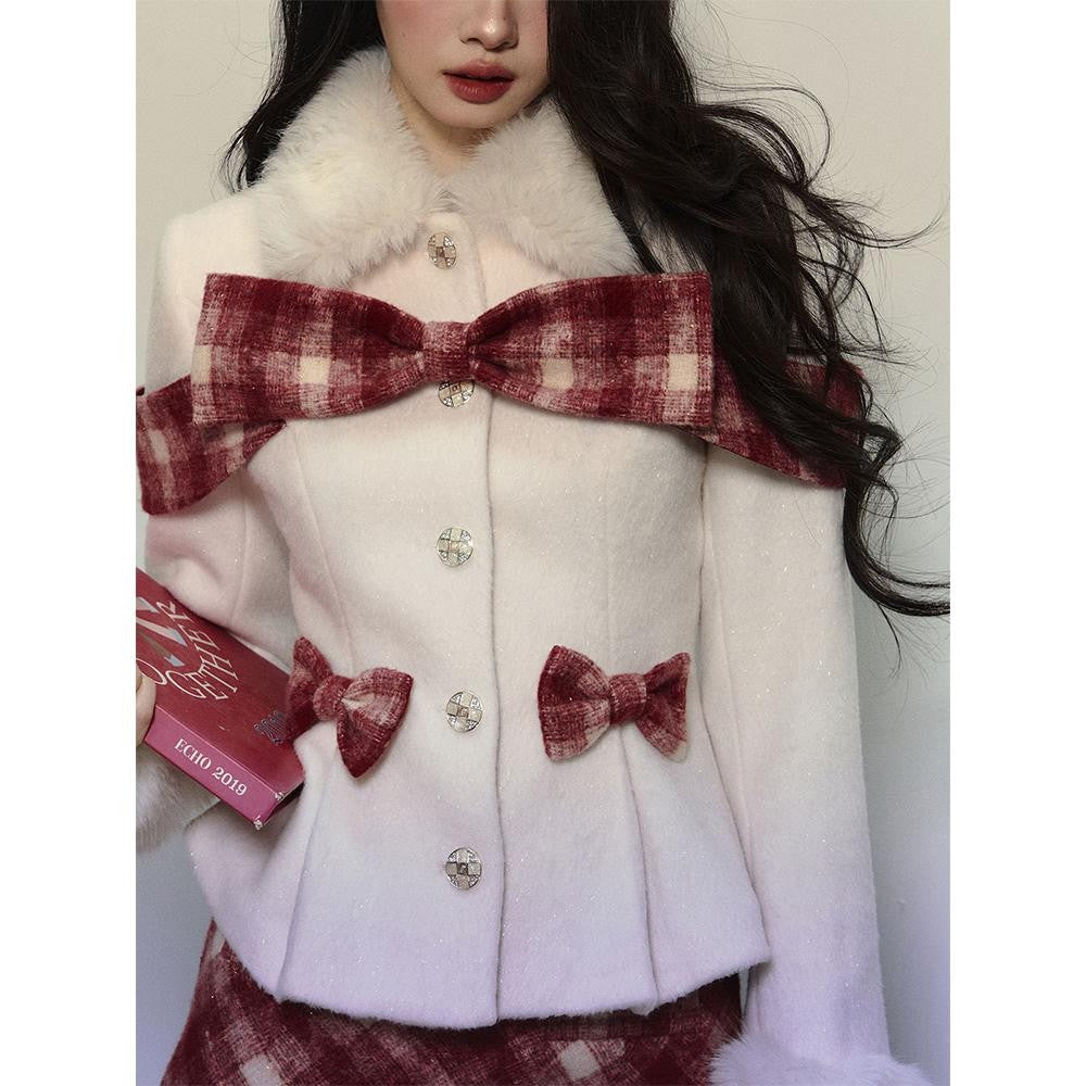 Plaid Wool Coat & Plush Skirt Set
