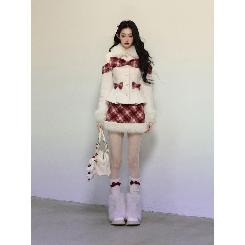 Plaid Wool Coat & Plush Skirt Set